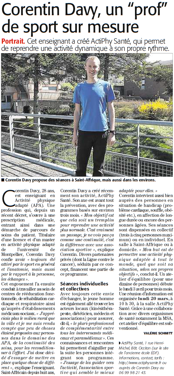 Corentin DAVY, un prof de sport sur mesure_Midi Libre 20032017